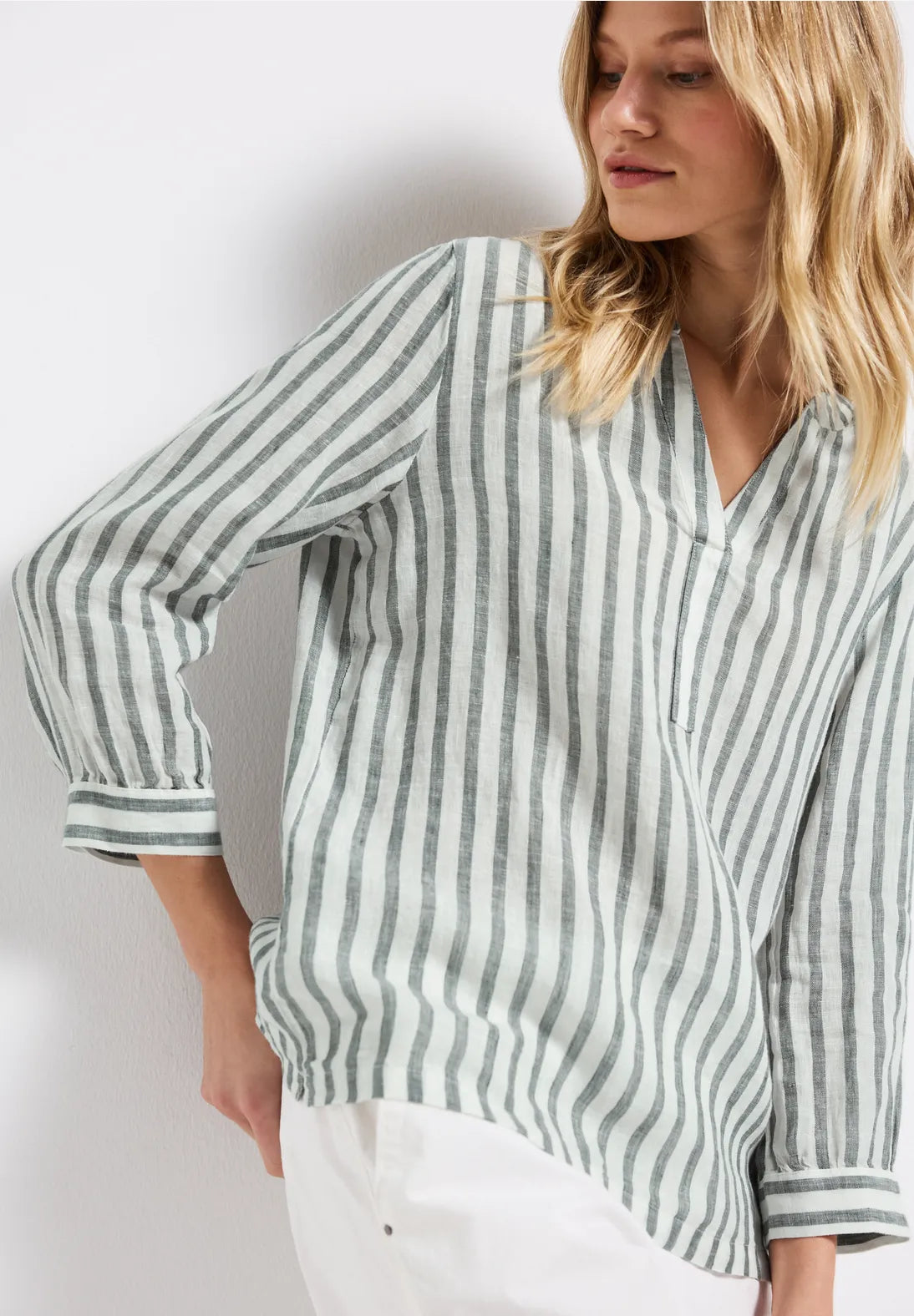 STREET ONE BLUSA LINO A RAYAS VERDES