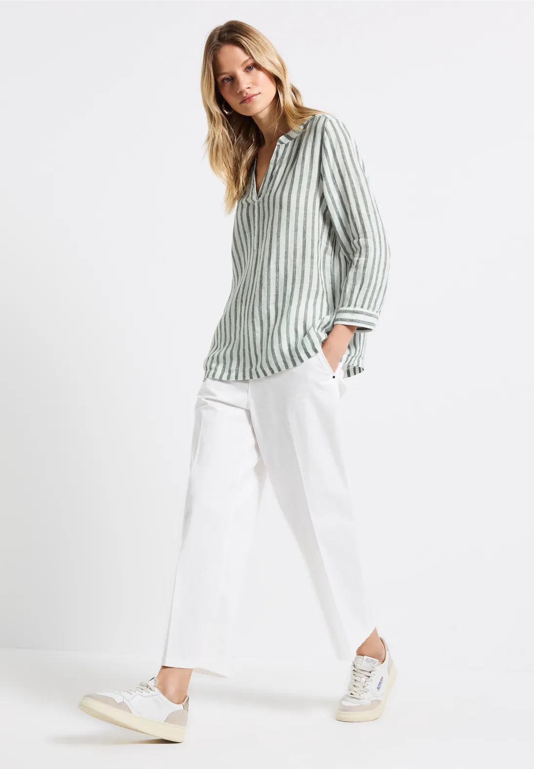 STREET ONE BLUSA LINO A RAYAS VERDES