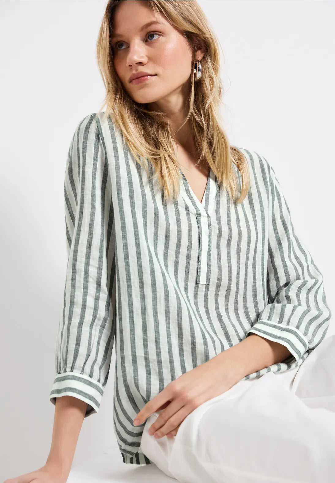STREET ONE BLUSA LINO A RAYAS VERDES