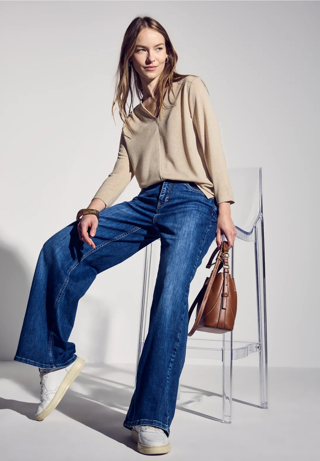 STREET ONE CAMISETA JERSEY DE LINO BEIGE CUELLO PICO