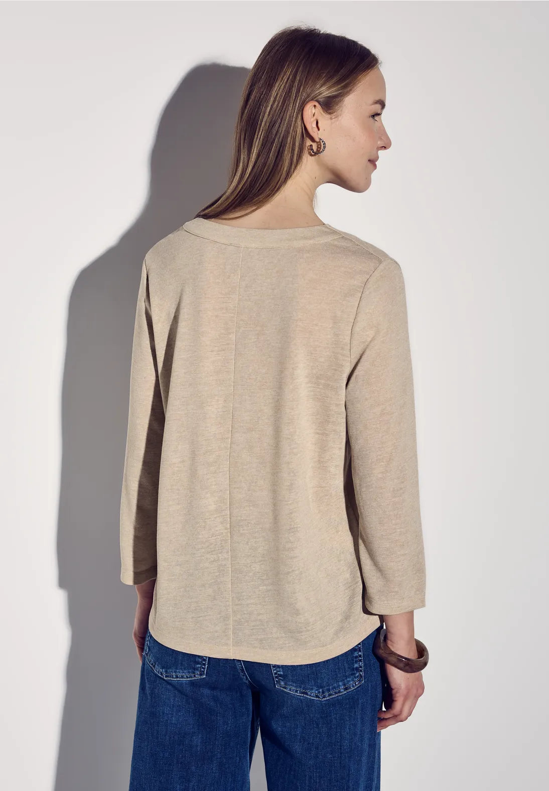 STREET ONE CAMISETA JERSEY DE LINO BEIGE CUELLO PICO