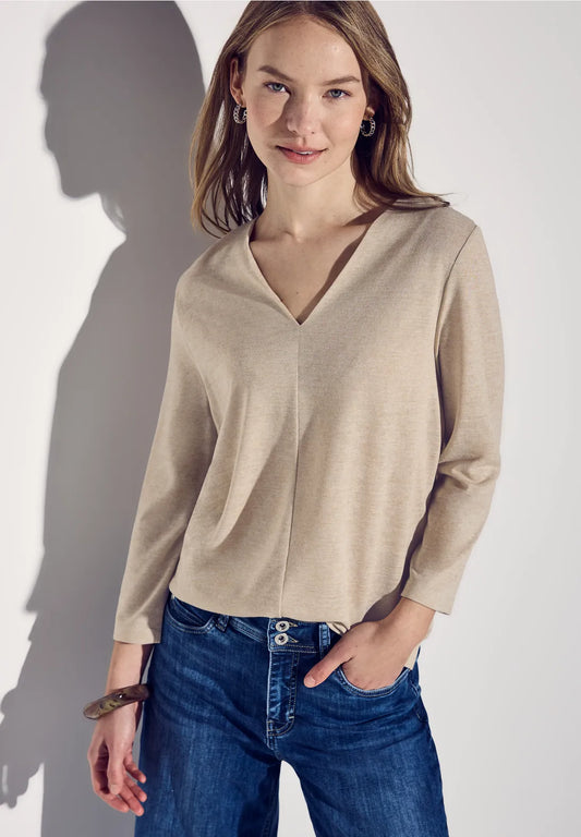 STREET ONE CAMISETA JERSEY DE LINO BEIGE CUELLO PICO