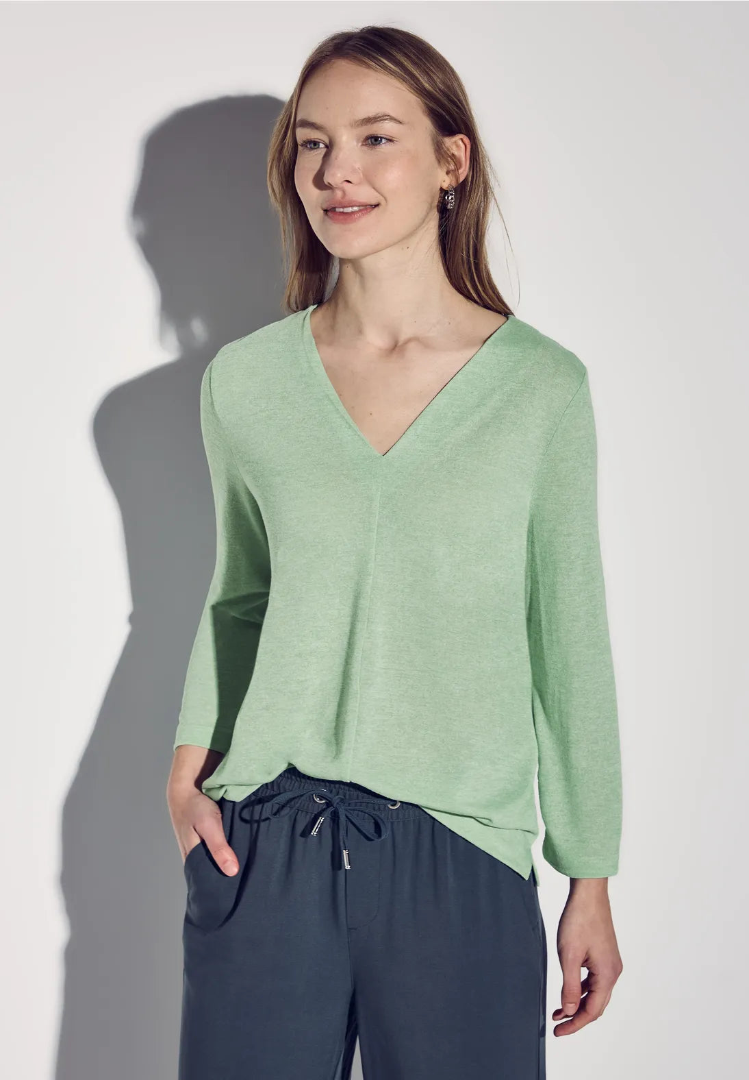 STREET ONE CAMISETA JERSEY DE LINO VERDE CUELLO PICO