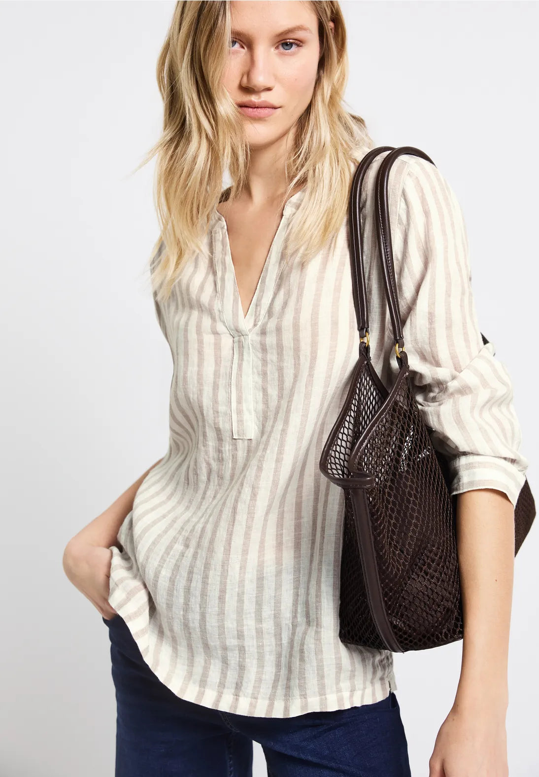 STREET ONE BLUSA LINO A RAYAS BEIGE
