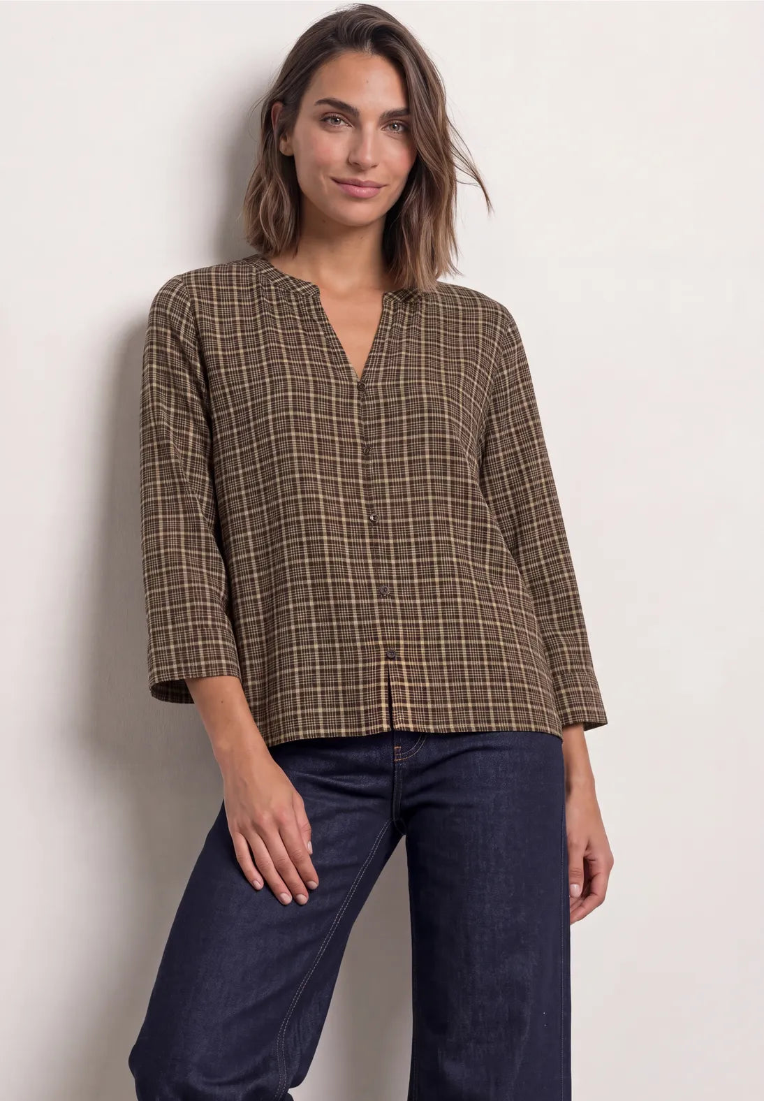 BLUSA TIPO TUNICA MARRON A CUADROS STREET ONE