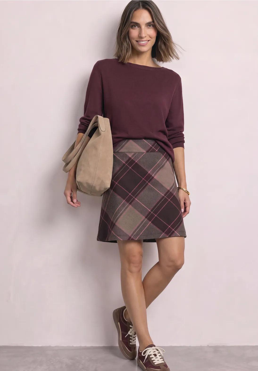 FALDA CUADROS GRANATE BEIGE. EN3CALAFELL