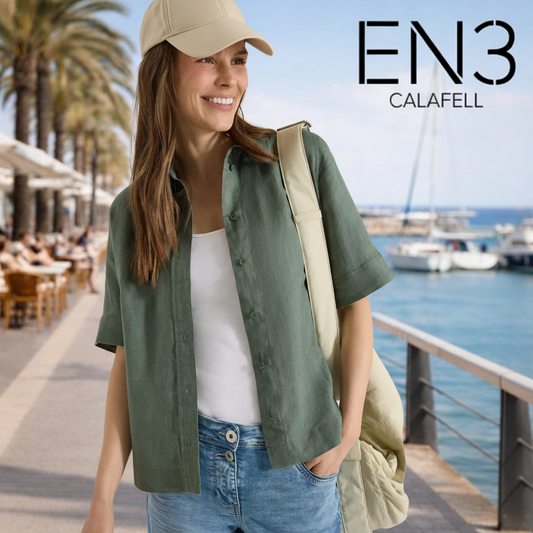 CECIL BLUSA DE LINO MANGA CORTA VERDE